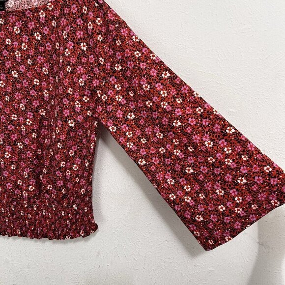 Ann Taylor Red Pink Dainty Floral Bouse Top Smocked Waist Bell Sleeves Size M - Picture 5 of 10